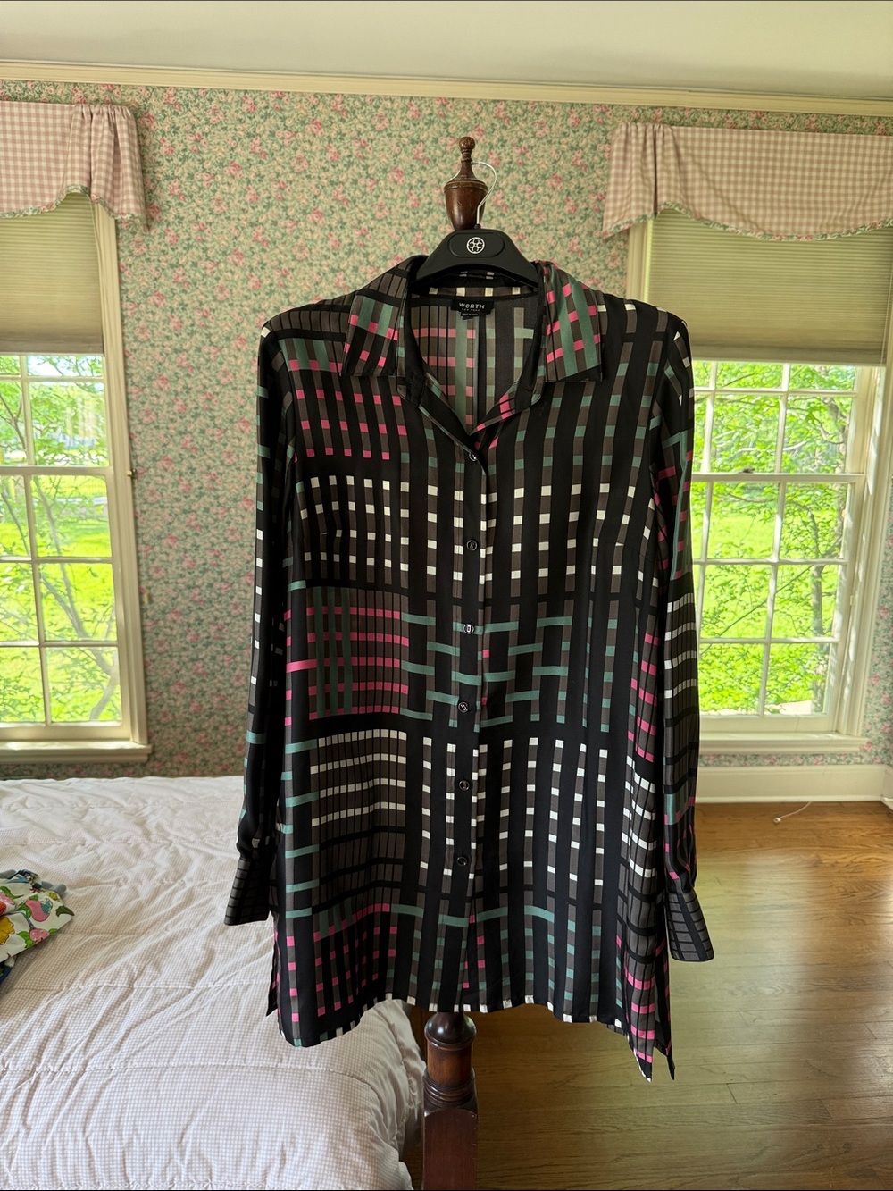 Worth Black Geometric Grid Tunic with Pink & Teal Accents